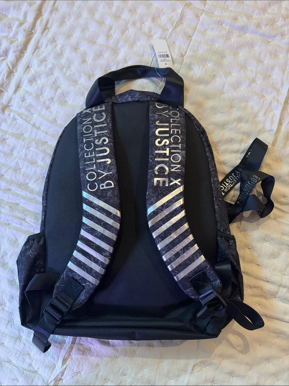 Girls Justice Black Backpack with Silver Metallic Striped Front Pocket